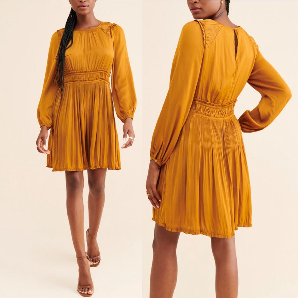 Anthropologie Maeve Saniya Pleated Mustard Gold Satin Long Sleeve Mini Dress XS